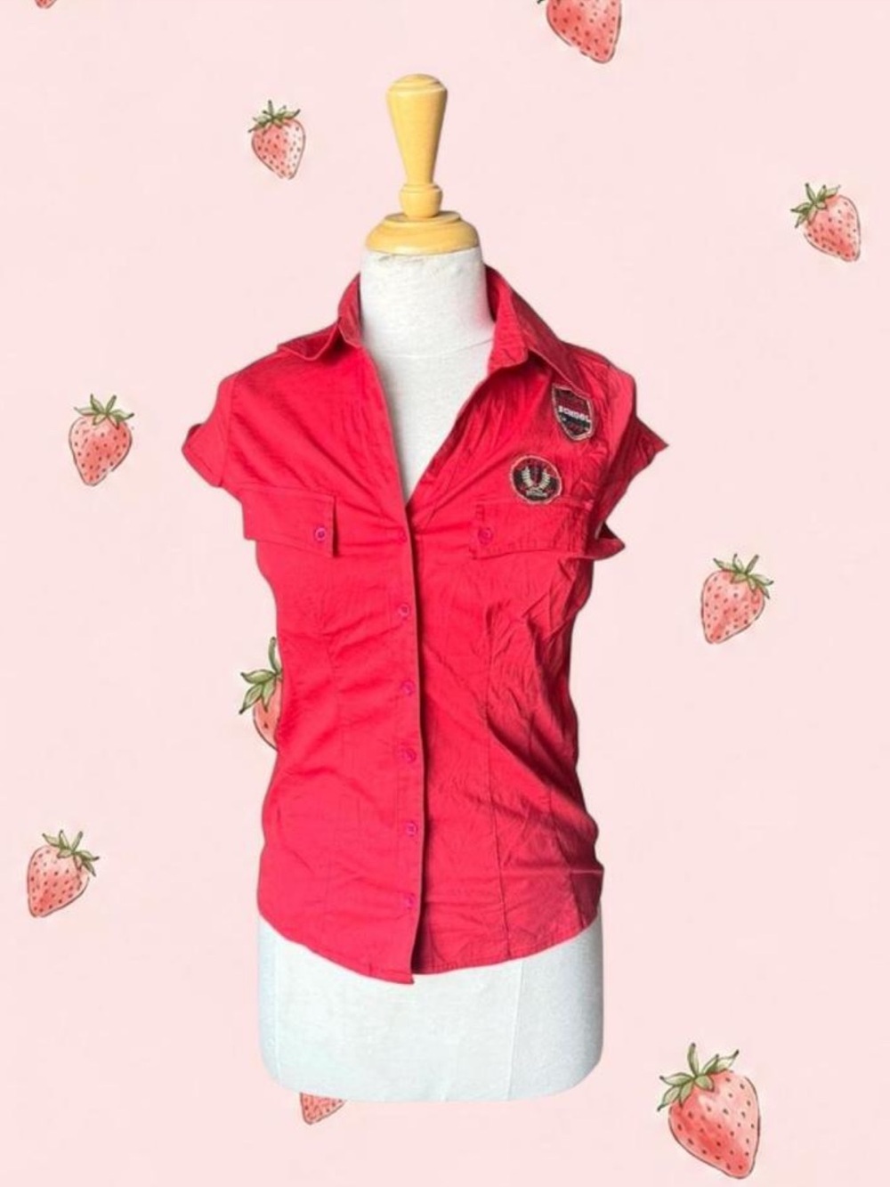 Green coast Red Button-Up Cap Sleeve Shirt